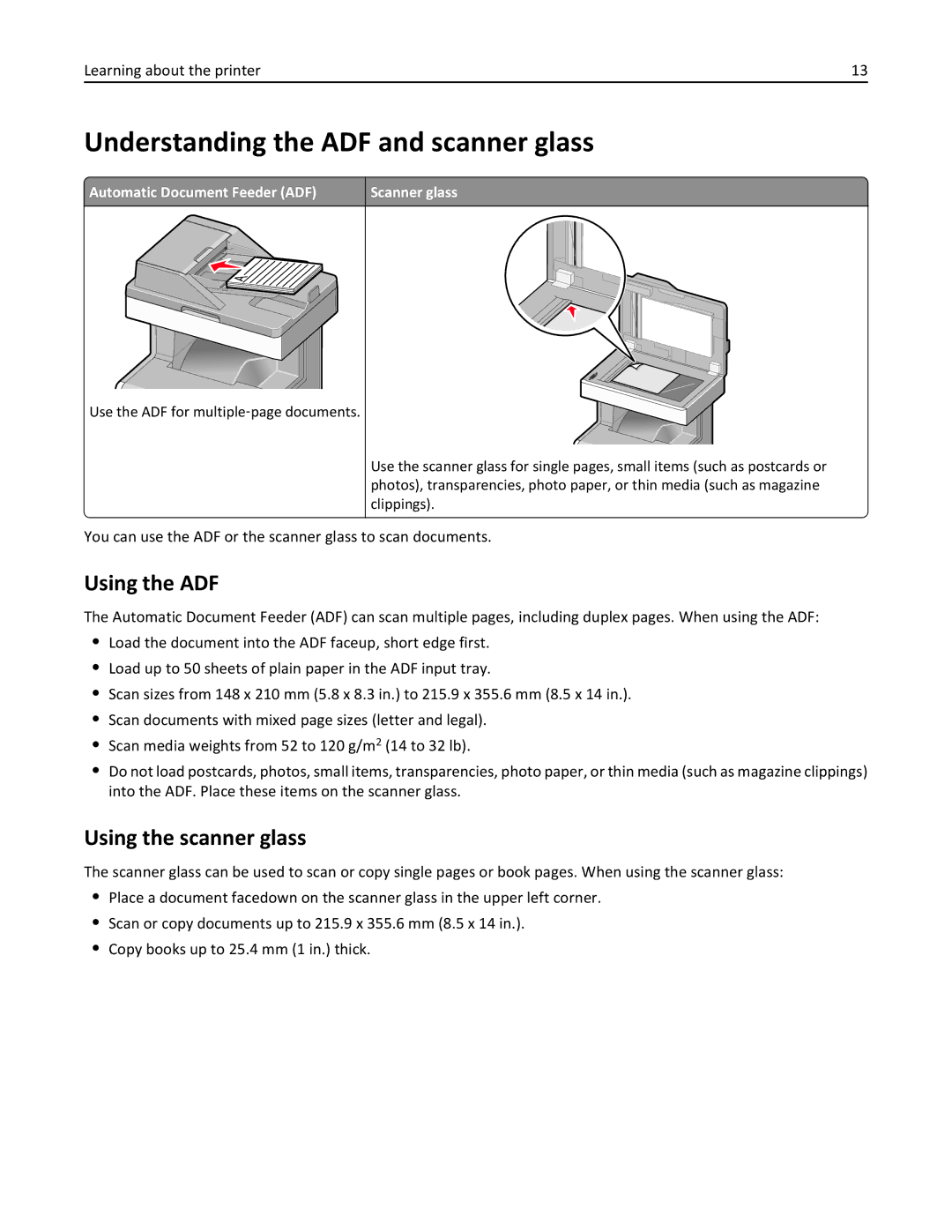 Lexmark 34T5012 manual Understanding the ADF and scanner glass, Using the ADF, Using the scanner glass 