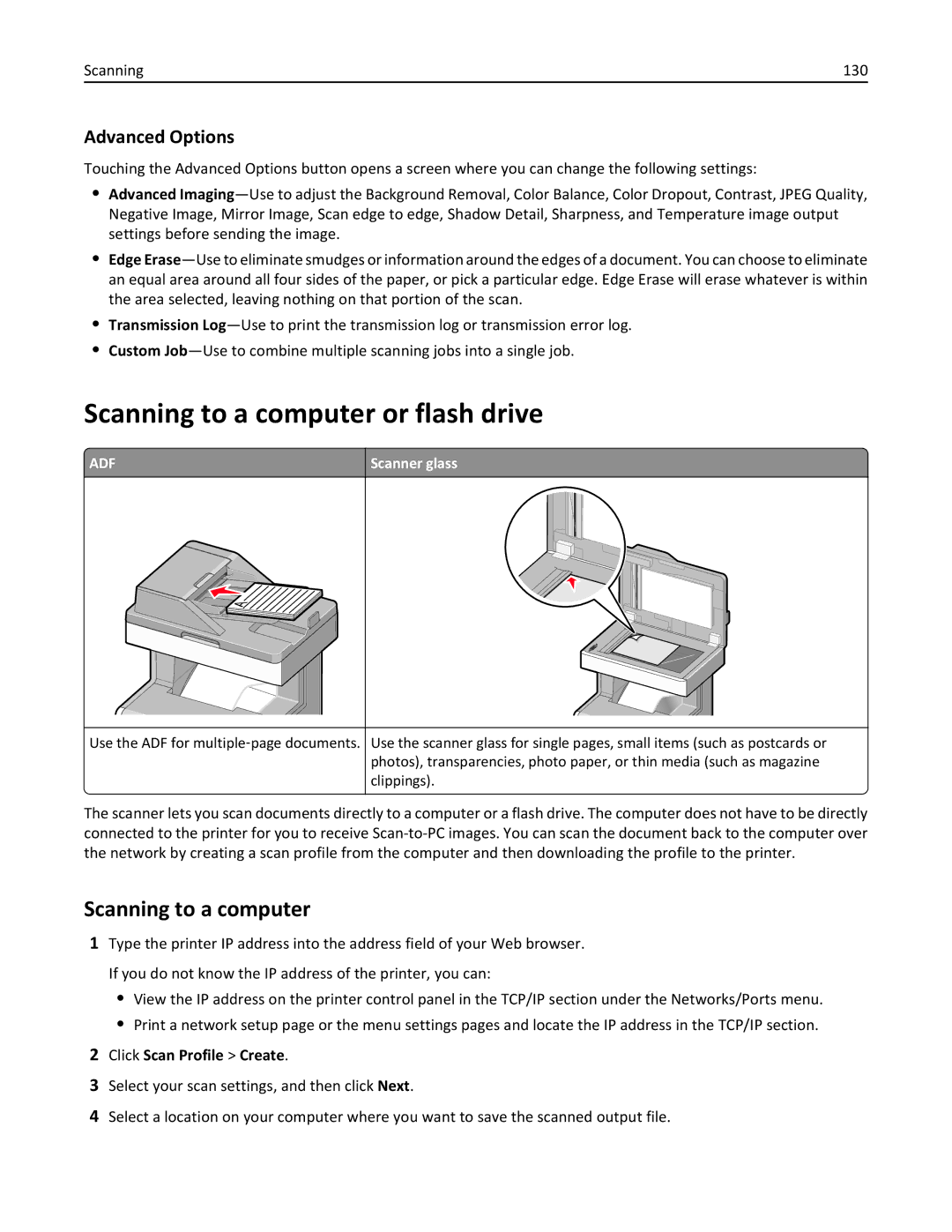 Lexmark 34T5012 manual Scanning to a computer or flash drive, Advanced Options, Scanning 130, Click Scan Profile Create 