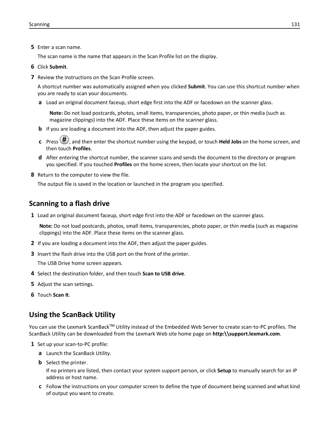 Lexmark 34T5012 manual Scanning to a flash drive, Using the ScanBack Utility 