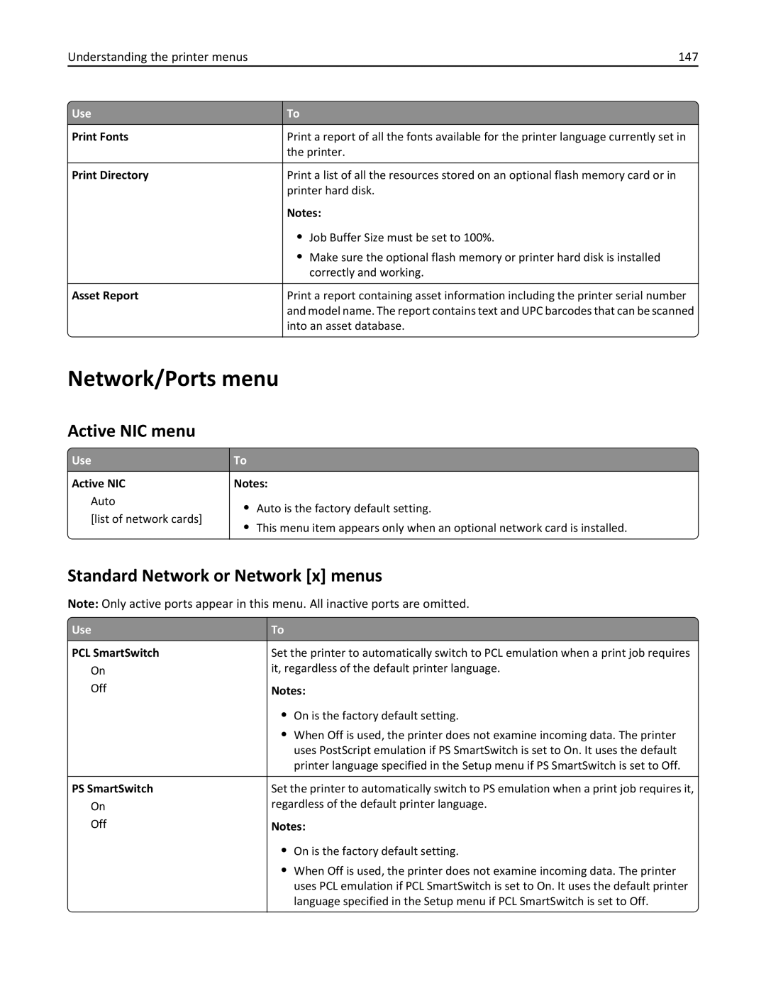 Lexmark 34T5012 manual Network/Ports menu, Active NIC menu, Standard Network or Network x menus 