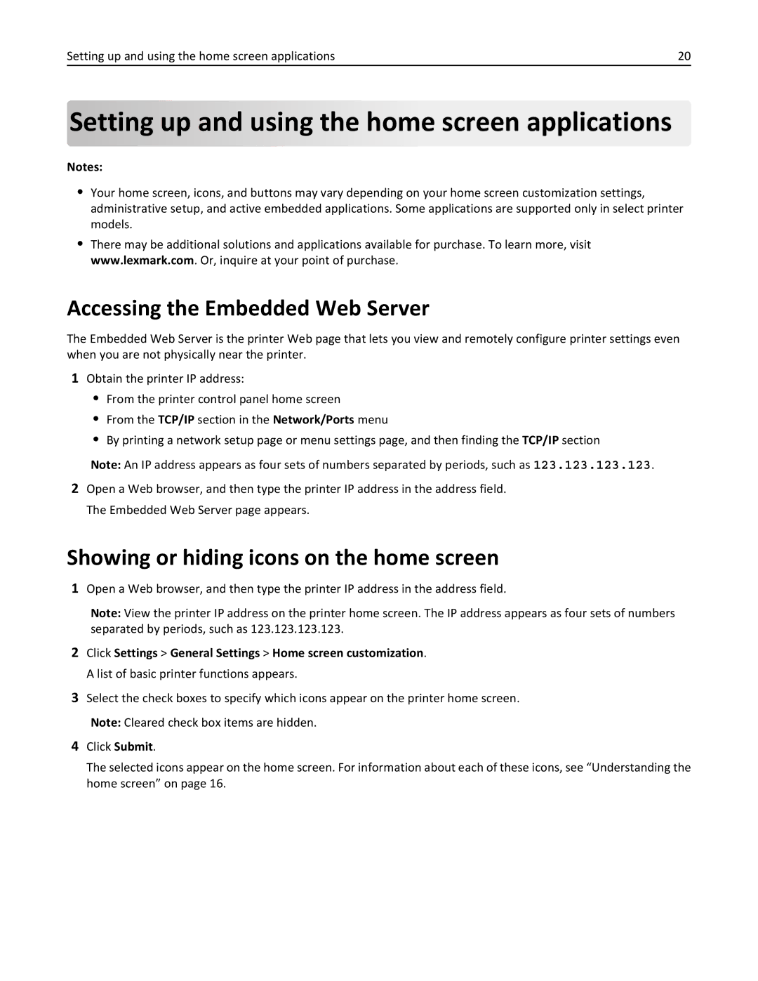 Lexmark 34T5012 manual Setting up and using the home screen applications, Accessing the Embedded Web Server 