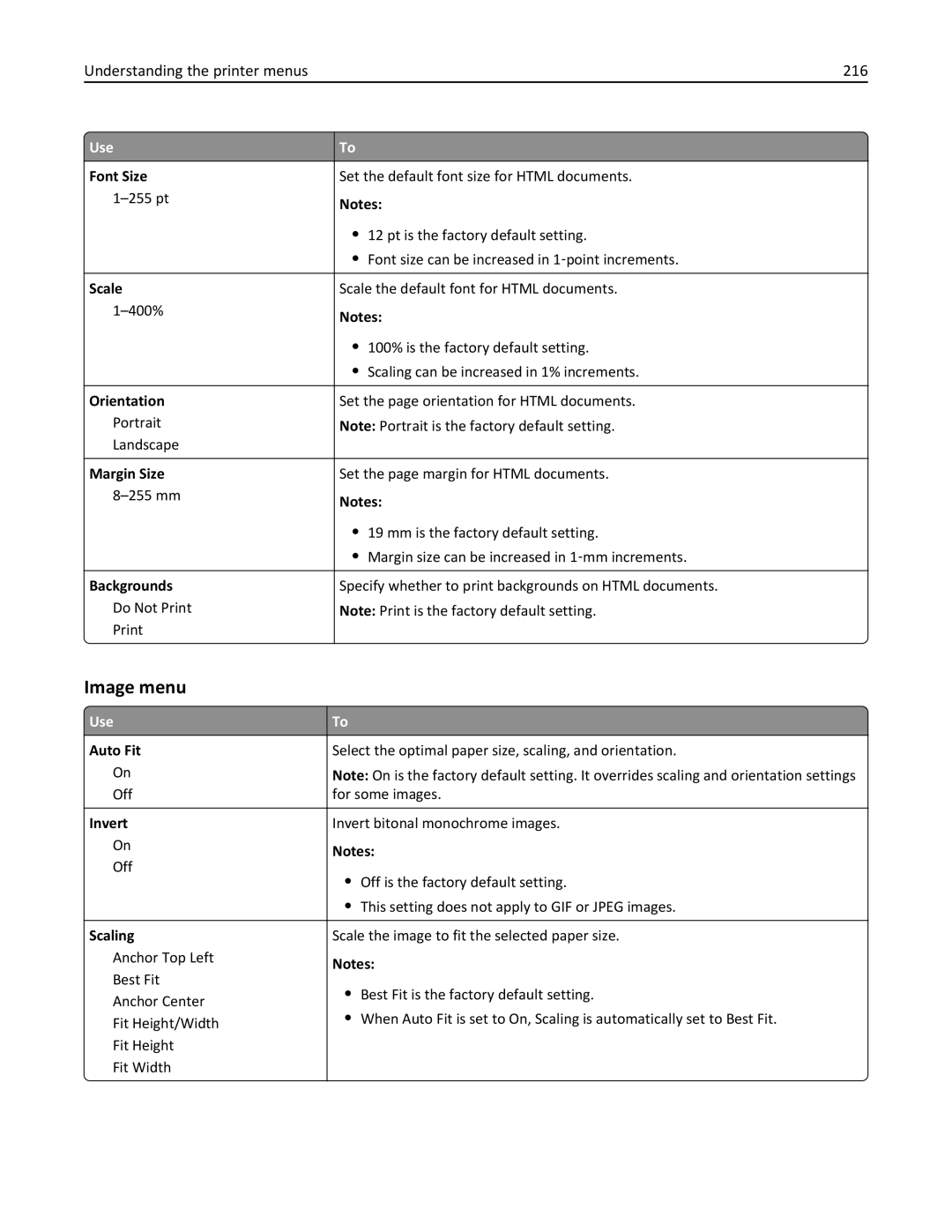 Lexmark 34T5012 manual Image menu, Understanding the printer menus 216 