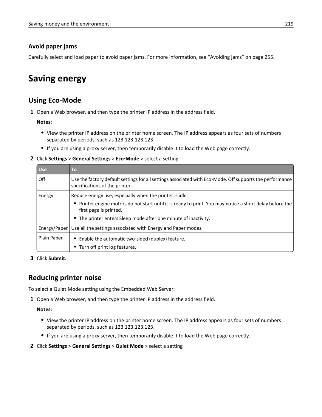 Lexmark 34T5012 manual Saving energy, Using Eco‑Mode, Reducing printer noise, Avoid paper jams 