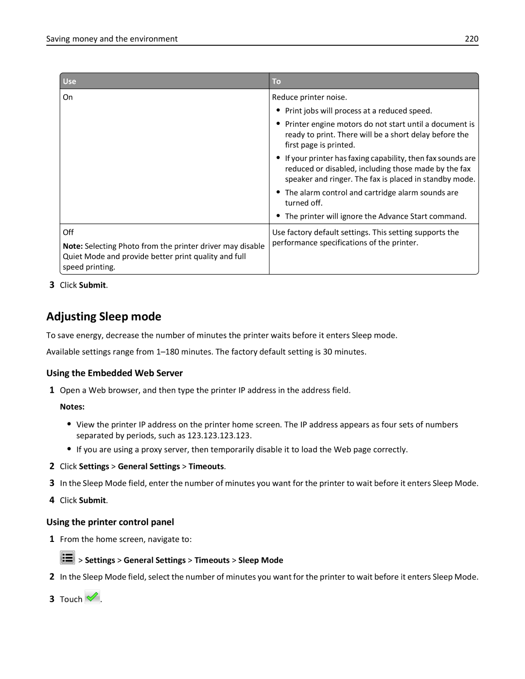 Lexmark 34T5012 manual Adjusting Sleep mode, Saving money and the environment 220, Click Settings General Settings Timeouts 