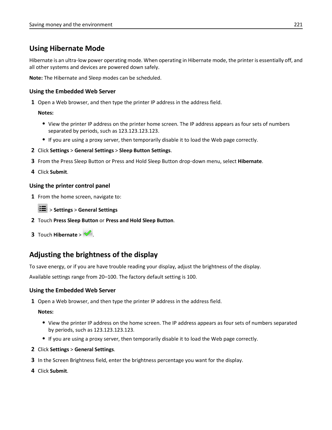 Lexmark 34T5012 manual Using Hibernate Mode, Adjusting the brightness of the display, Saving money and the environment 221 