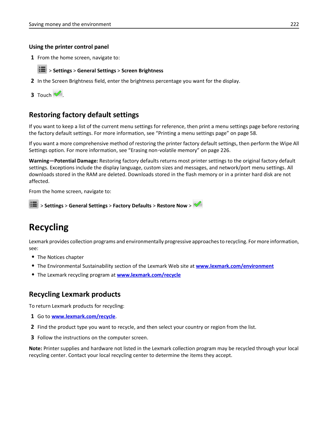 Lexmark 34T5012 manual Restoring factory default settings, Recycling Lexmark products 