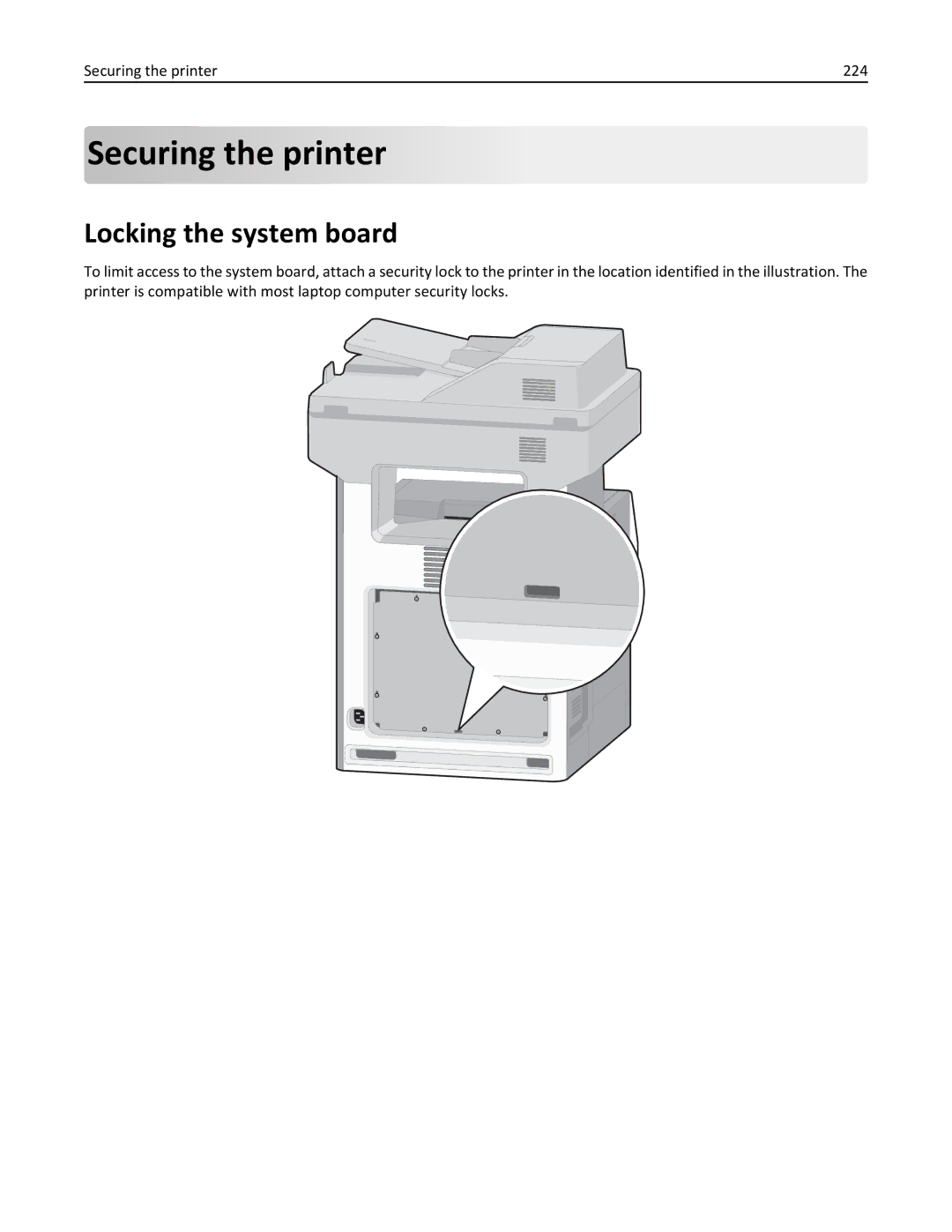 Lexmark 34T5012 manual Locking the system board, Securing the printer 224 