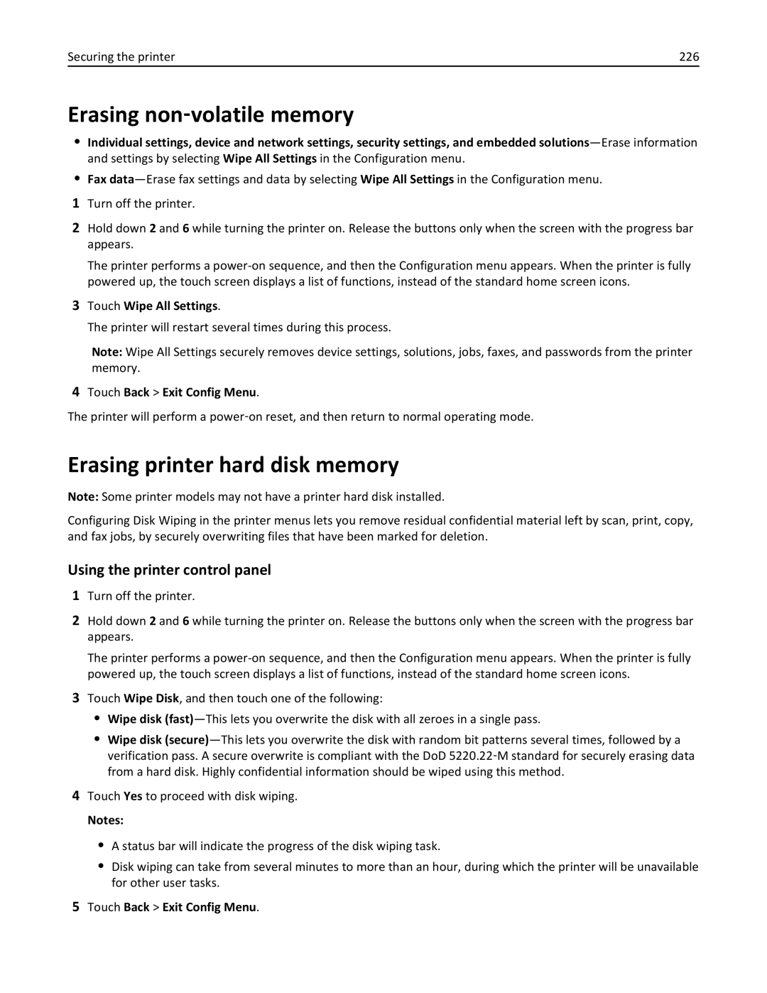 Lexmark 34T5012 manual Erasing non‑volatile memory, Erasing printer hard disk memory, Using the printer control panel 