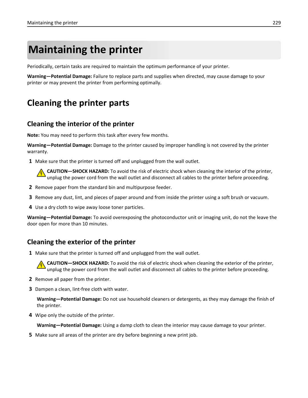 Lexmark 34T5012 manual Maintaining the printer, Cleaning the printer parts, Cleaning the interior of the printer 