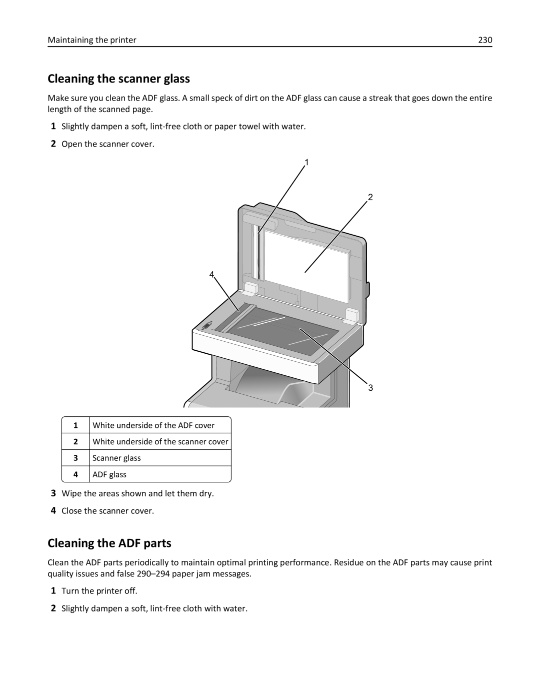 Lexmark 34T5012 manual Cleaning the scanner glass, Cleaning the ADF parts, Maintaining the printer 230 