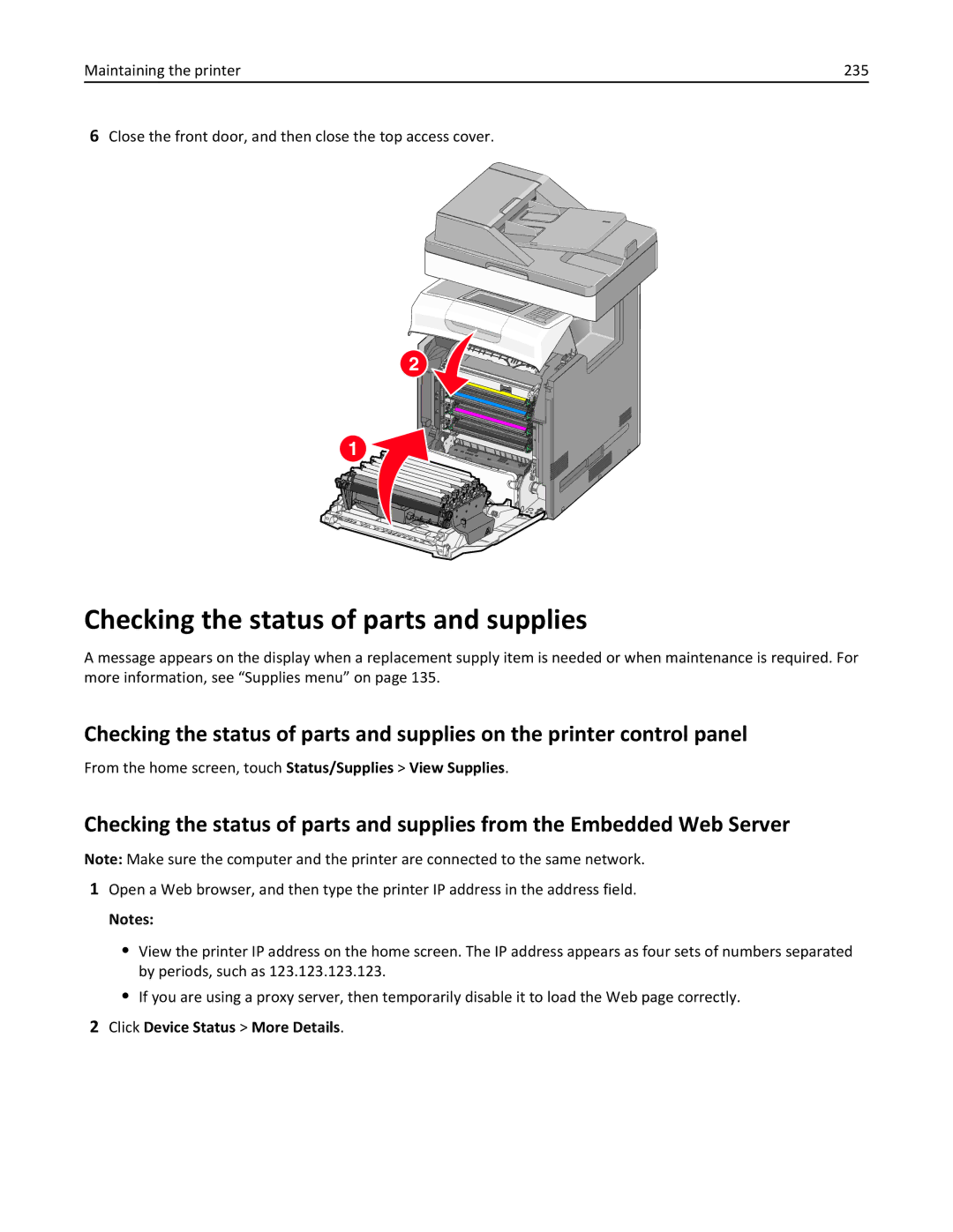 Lexmark 34T5012 manual Checking the status of parts and supplies, From the home screen, touch Status/Supplies View Supplies 