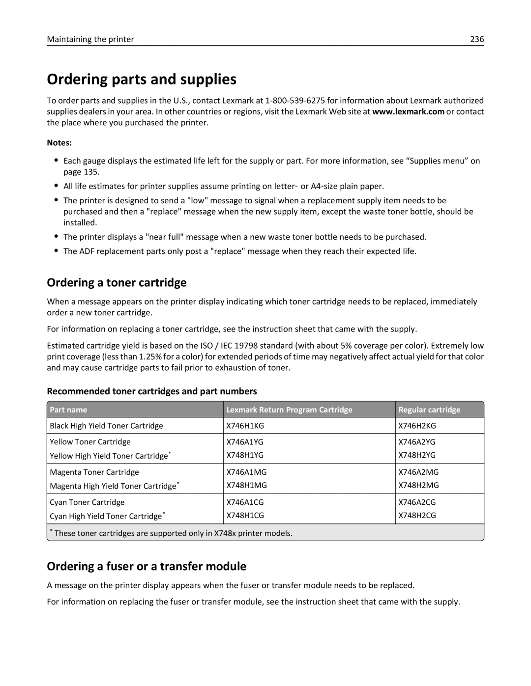 Lexmark 34T5012 manual Ordering parts and supplies, Ordering a toner cartridge, Ordering a fuser or a transfer module 