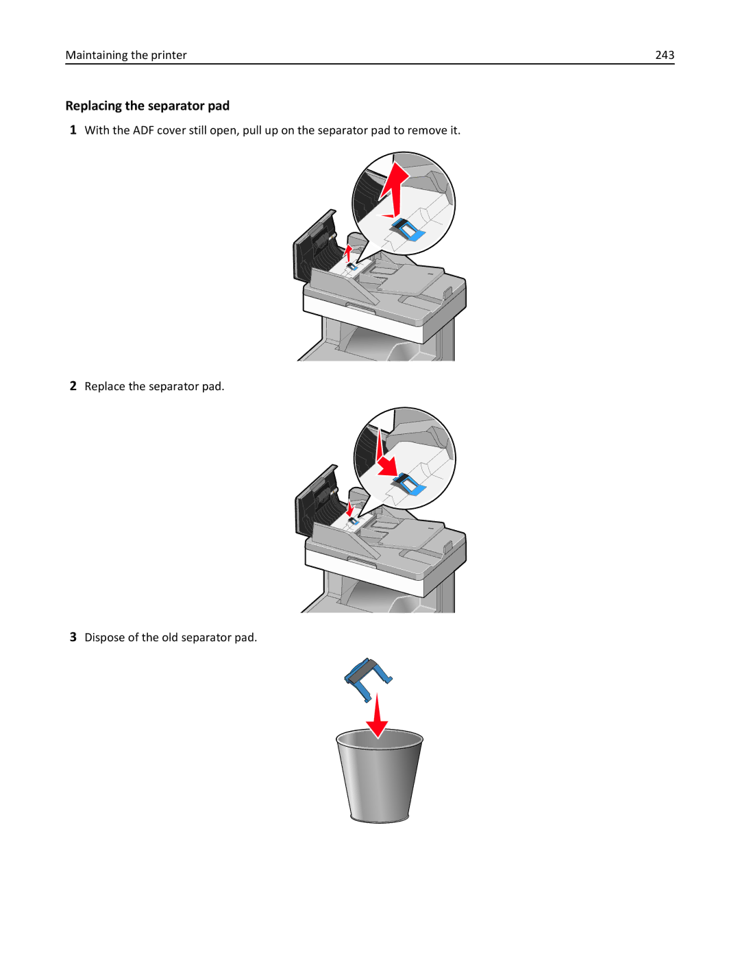 Lexmark 34T5012 manual Replacing the separator pad, Maintaining the printer 243 