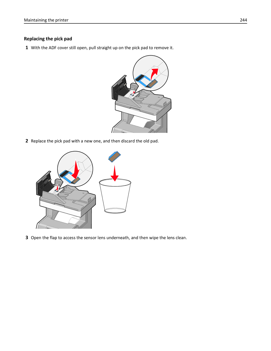 Lexmark 34T5012 manual Replacing the pick pad, Maintaining the printer 244 