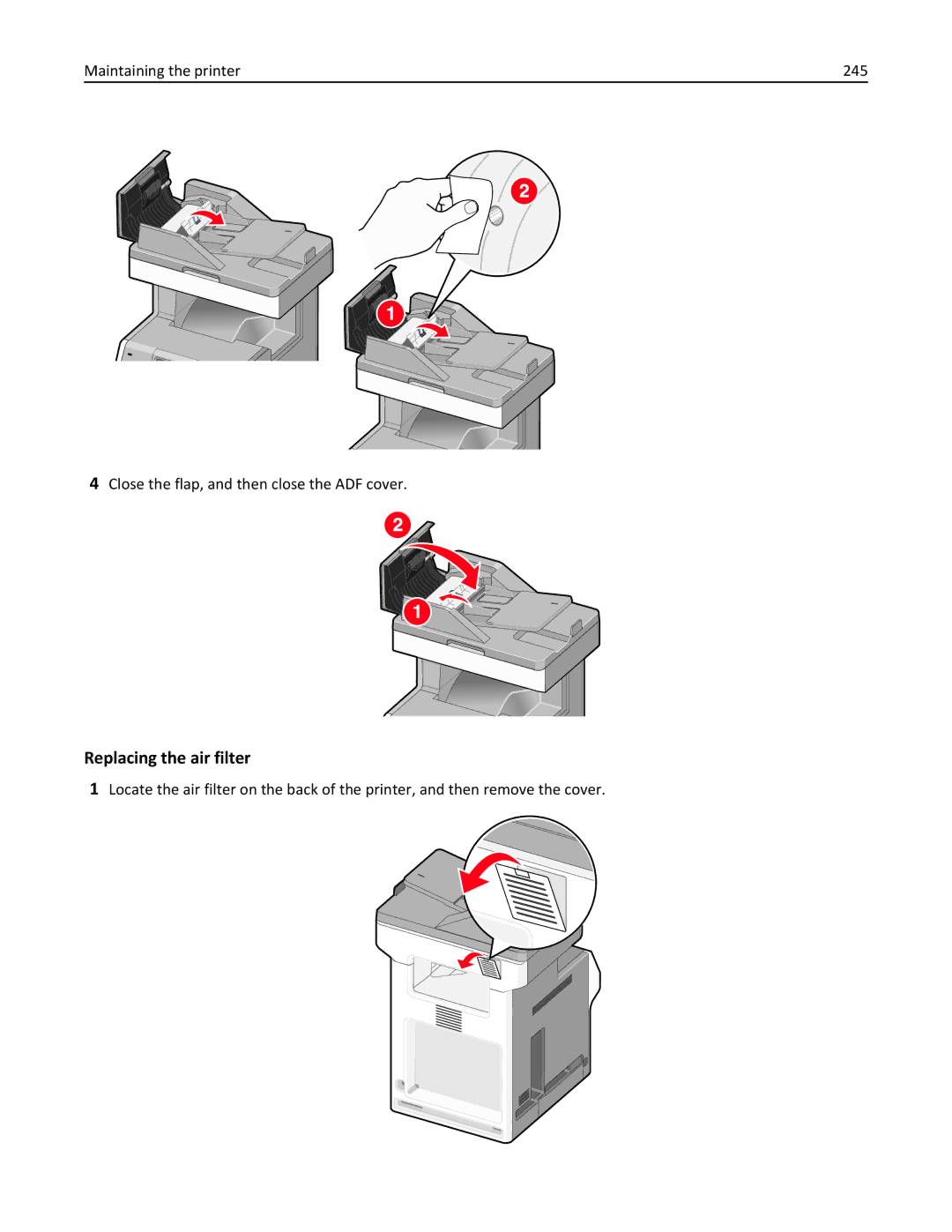 Lexmark 34T5012 manual Replacing the air filter 