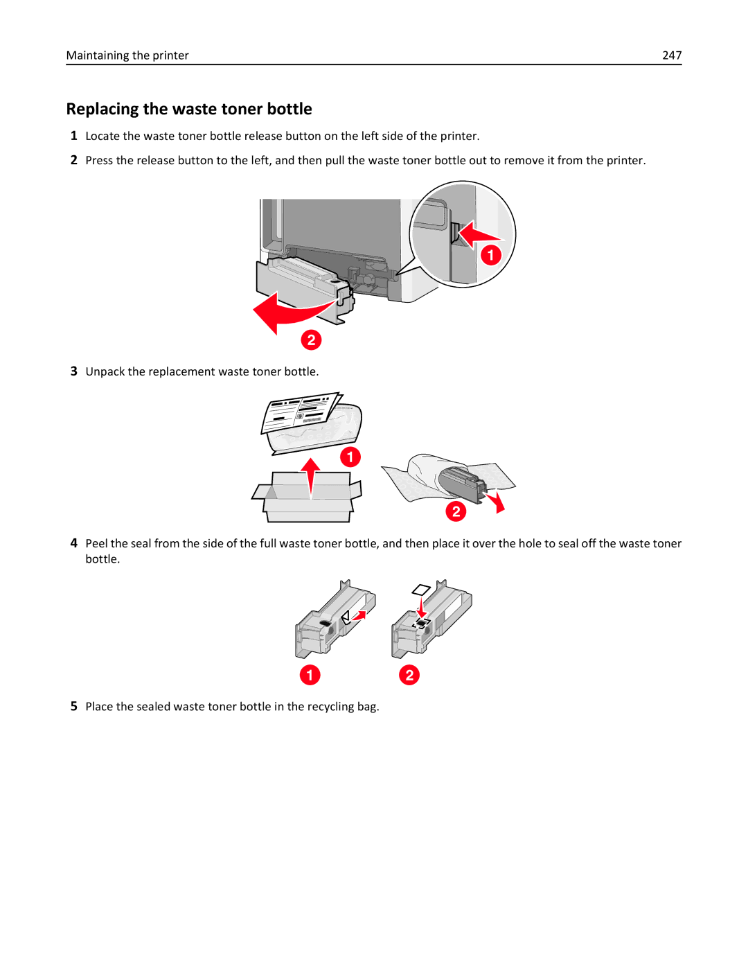 Lexmark 34T5012 manual Replacing the waste toner bottle, Maintaining the printer 247 