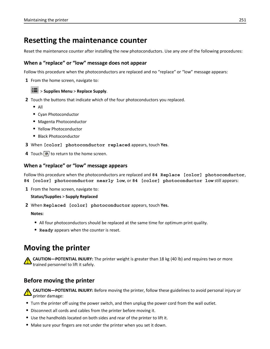 Lexmark 34T5012 manual Resetting the maintenance counter, Moving the printer, Before moving the printer 