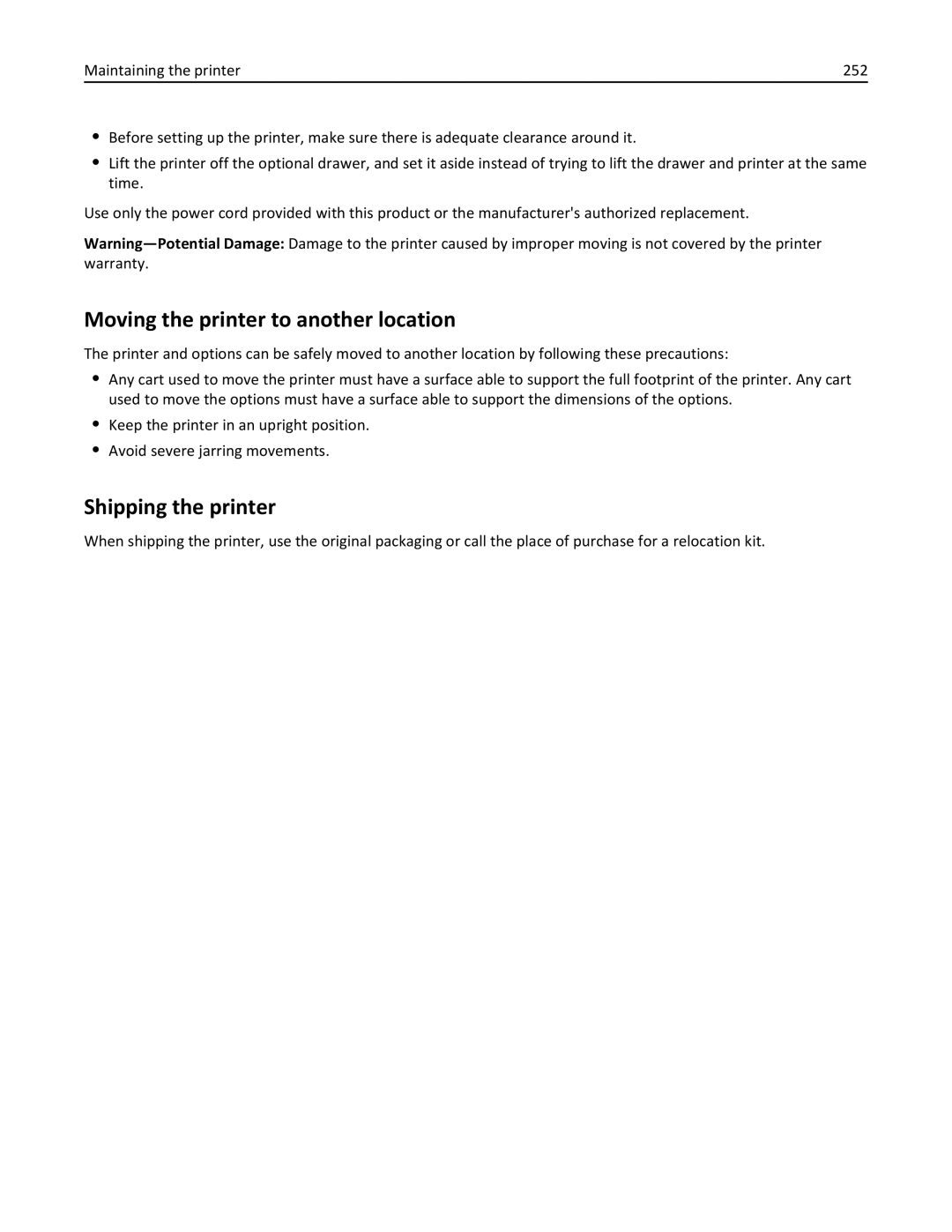 Lexmark 34T5012 manual Moving the printer to another location, Shipping the printer 