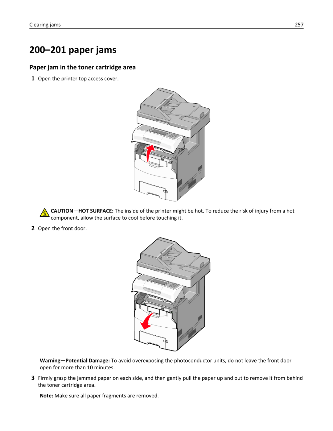 Lexmark 34T5012 manual Paper jams, Paper jam in the toner cartridge area, Clearing jams 257 