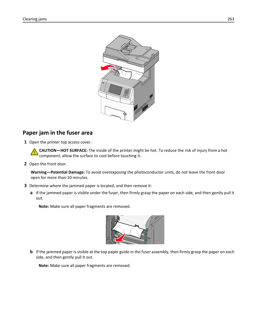 Lexmark 34T5012 manual Paper jam in the fuser area, Clearing jams 263 