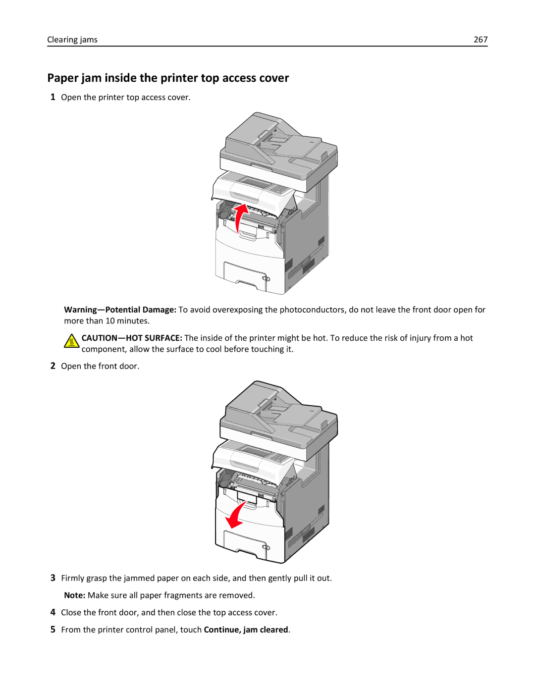 Lexmark 34T5012 manual Paper jam inside the printer top access cover, Clearing jams 267 