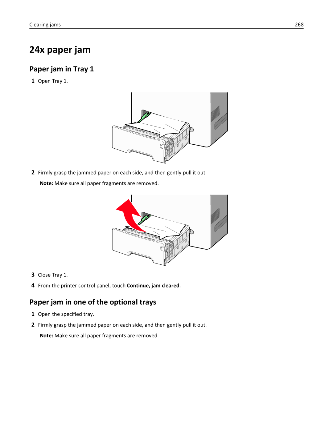 Lexmark 34T5012 manual 24x paper jam, Paper jam in Tray, Paper jam in one of the optional trays, Clearing jams 268 