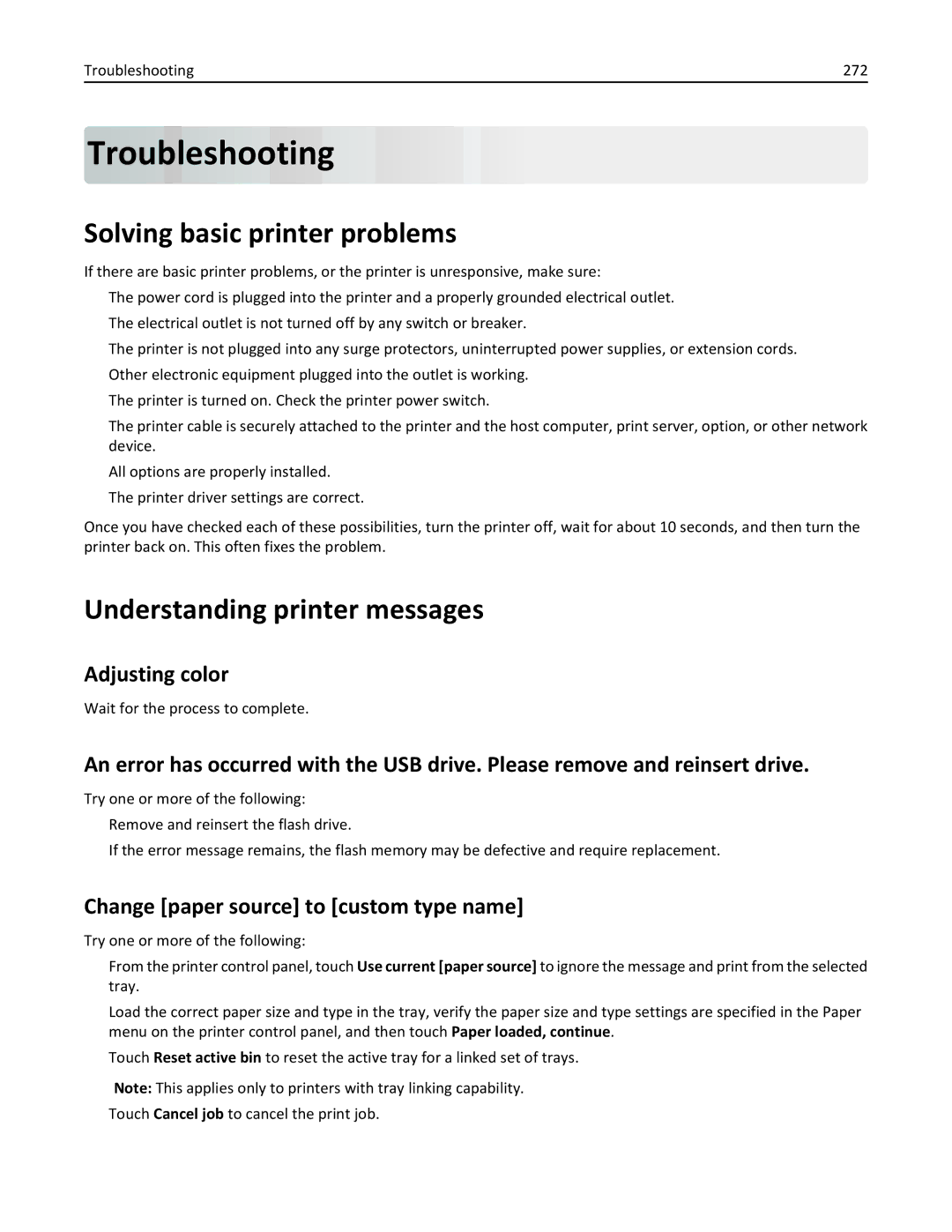 Lexmark 34T5012 manual Troubleshooting, Solving basic printer problems, Understanding printer messages, Adjusting color 