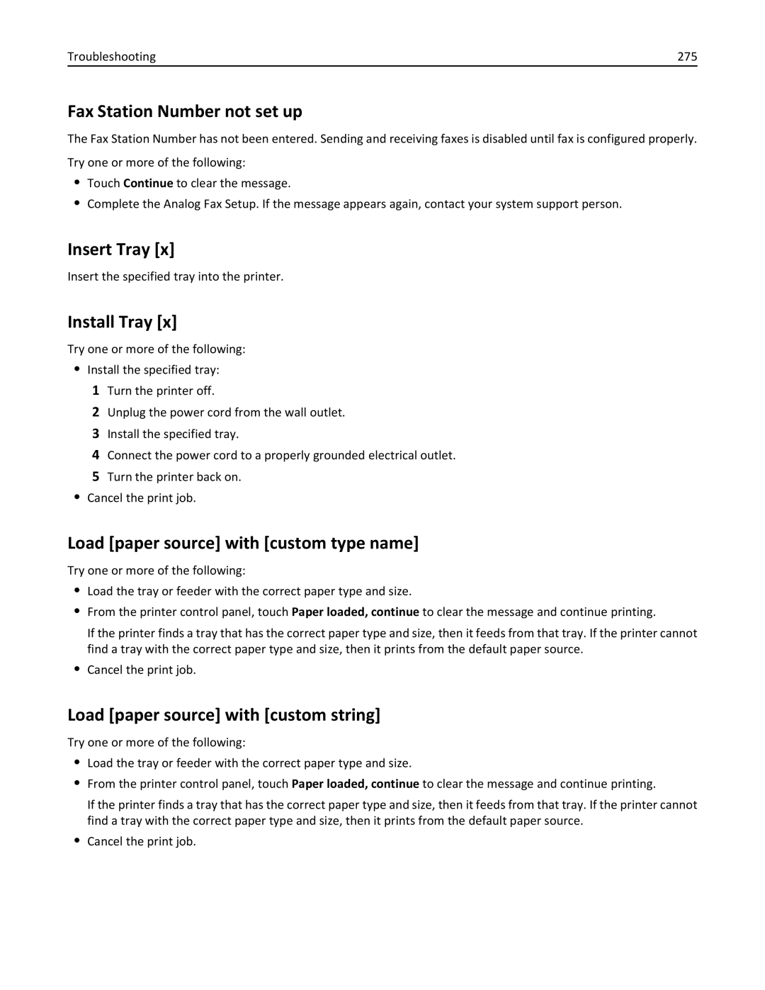 Lexmark 34T5012 manual Fax Station Number not set up, Insert Tray, Install Tray, Load paper source with custom type name 