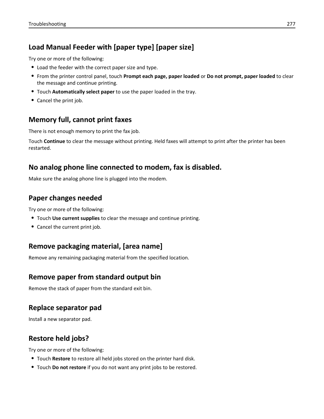 Lexmark 34T5012 manual Load Manual Feeder with paper type paper size, Memory full, cannot print faxes, Paper changes needed 