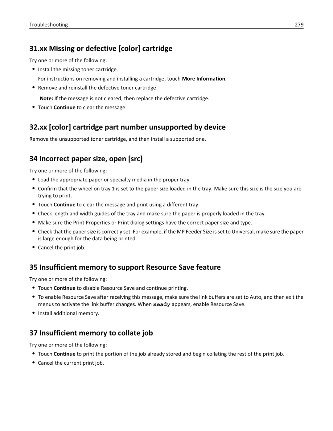 Lexmark 34T5012 manual Xx Missing or defective color cartridge, Xx color cartridge part number unsupported by device 