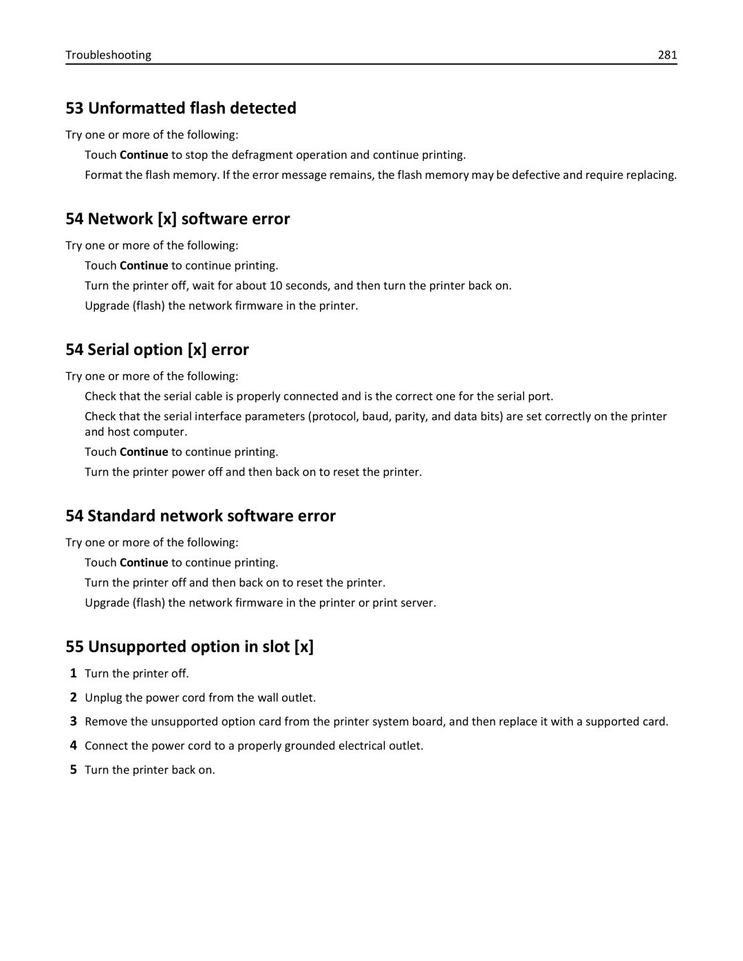 Lexmark 34T5012 Unformatted flash detected, Network x software error, Serial option x error, Unsupported option in slot 