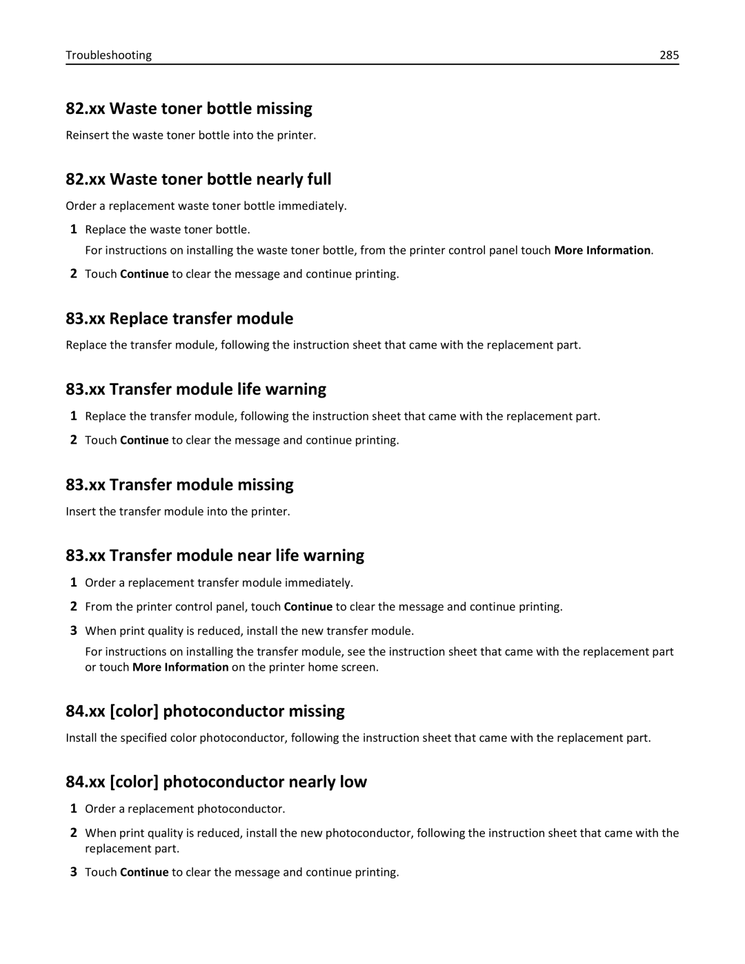 Lexmark 34T5012 manual Xx Waste toner bottle missing, Xx Waste toner bottle nearly full, Xx Replace transfer module 