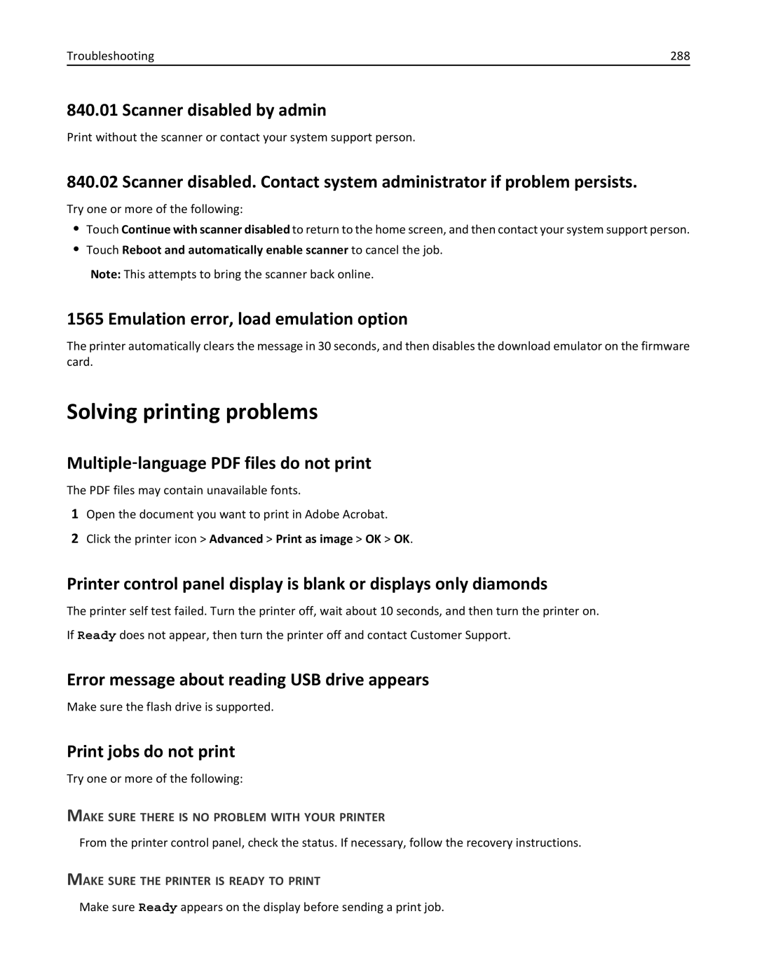 Lexmark 34T5012 manual Solving printing problems, Scanner disabled by admin, Emulation error, load emulation option 