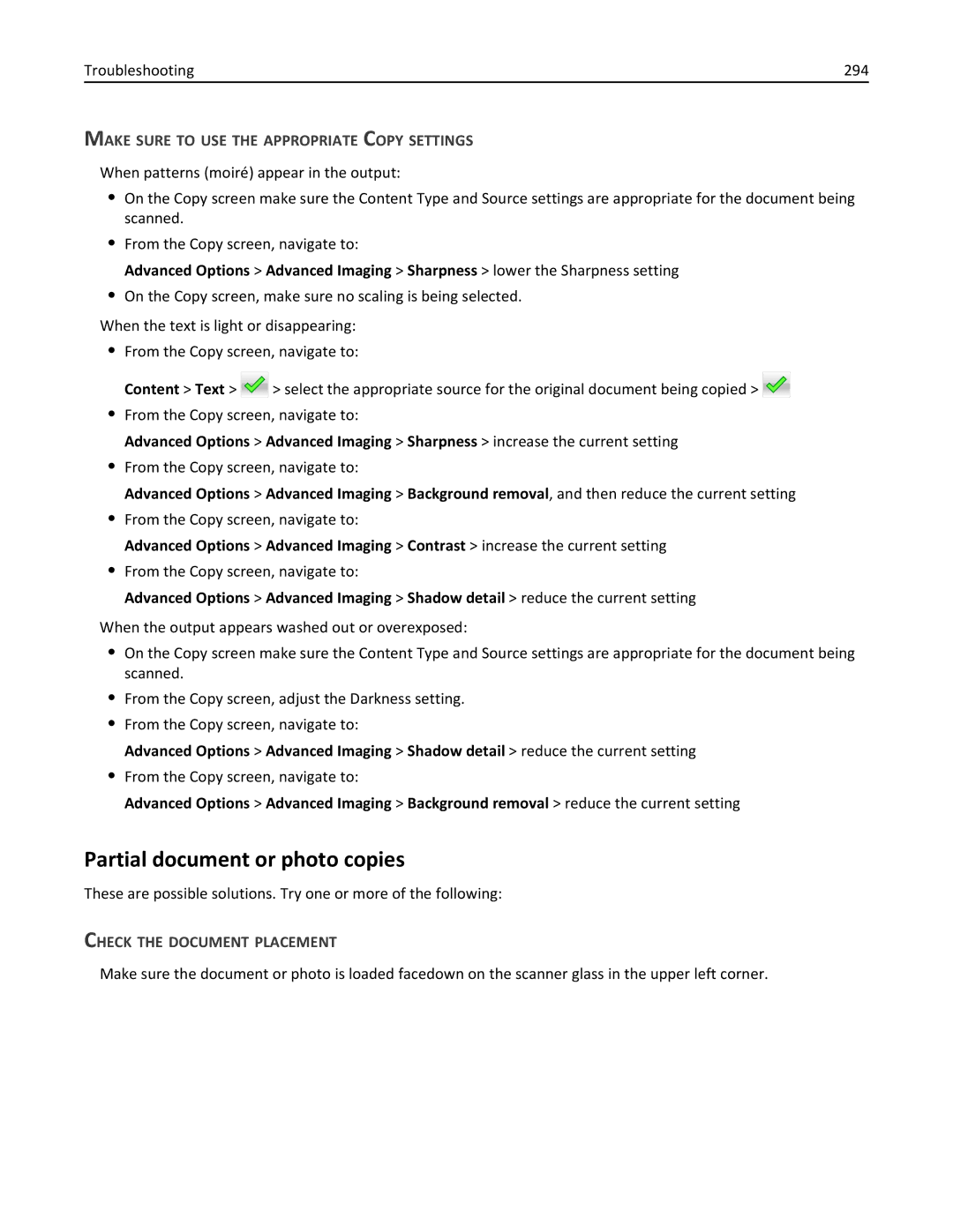 Lexmark 34T5012 Partial document or photo copies, Troubleshooting 294, Make Sure to USE the Appropriate Copy Settings 