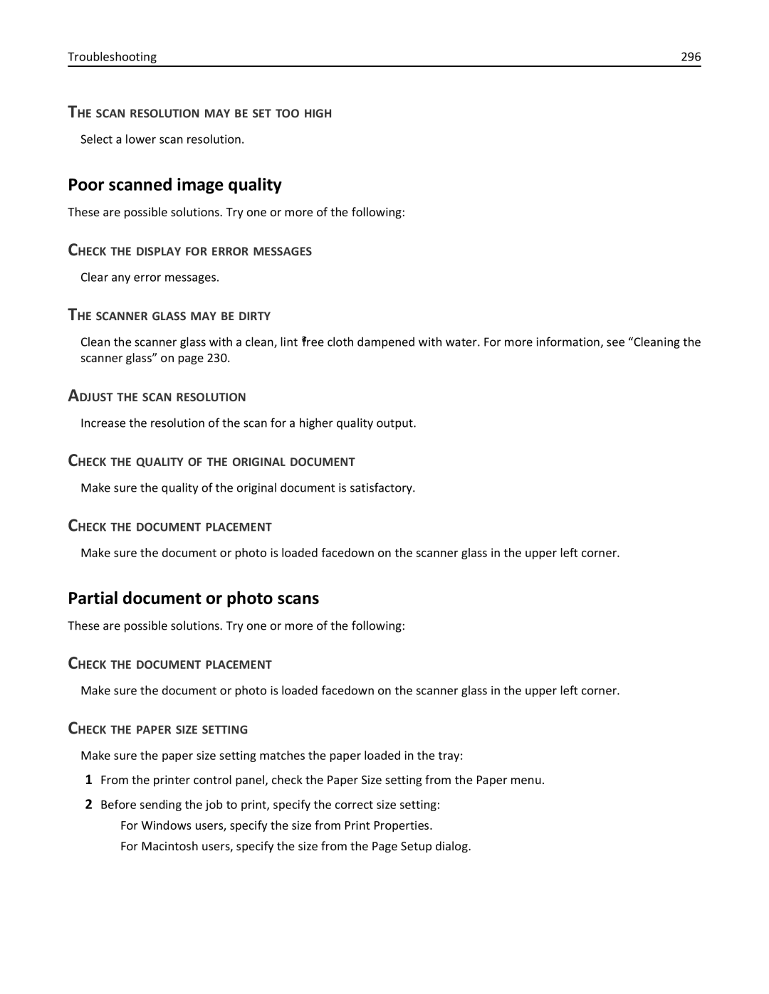 Lexmark 34T5012 manual Poor scanned image quality, Partial document or photo scans 