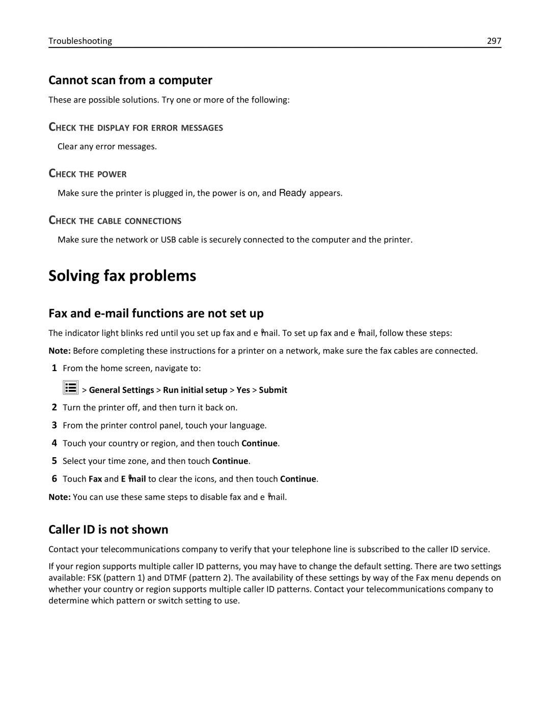 Lexmark 34T5012 manual Solving fax problems, Cannot scan from a computer, Fax and e-mail functions are not set up 