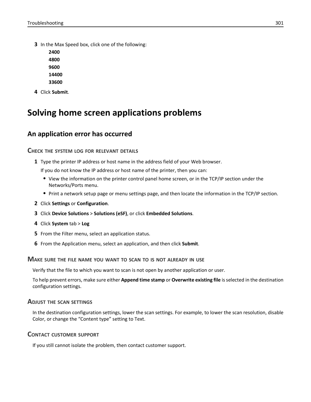 Lexmark 34T5012 Solving home screen applications problems, An application error has occurred, 2400 4800 9600 14400 33600 