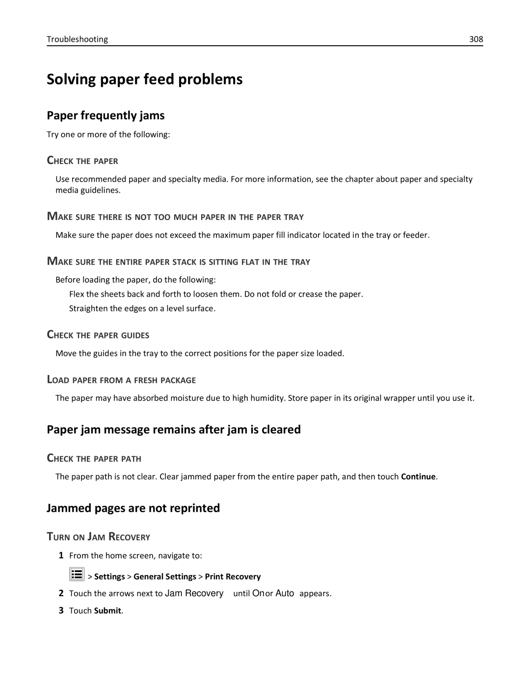 Lexmark 34T5012 manual Solving paper feed problems, Paper frequently jams, Paper jam message remains after jam is cleared 