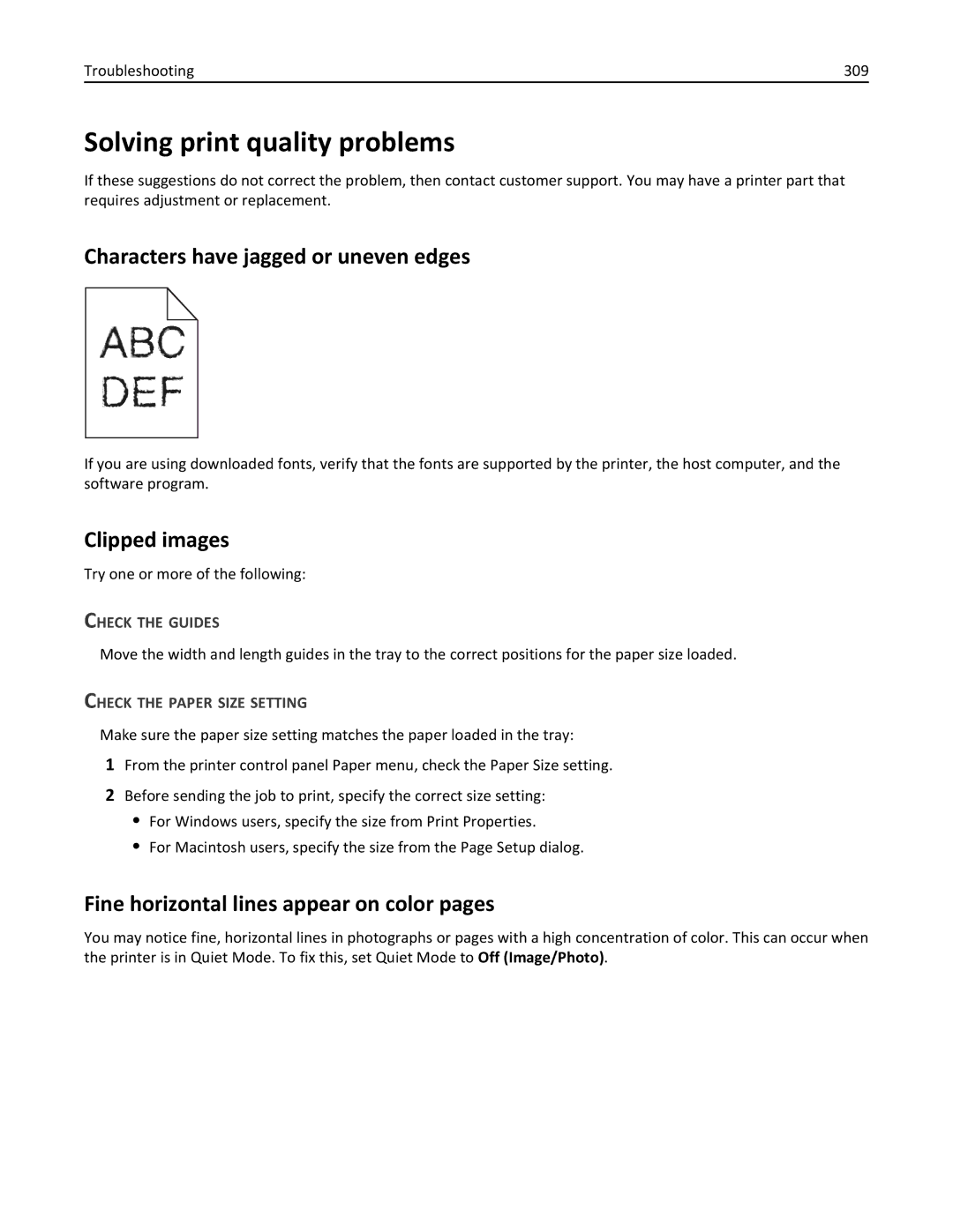 Lexmark 34T5012 Solving print quality problems, Characters have jagged or uneven edges, Clipped images, Check the Guides 