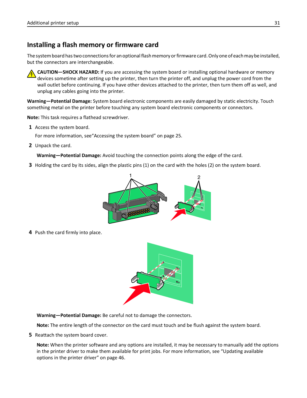 Lexmark 34T5012 manual Installing a flash memory or firmware card 