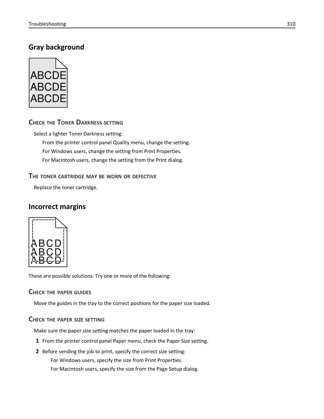 Lexmark 34T5012 manual Gray background, Incorrect margins, Check the Toner Darkness Setting 