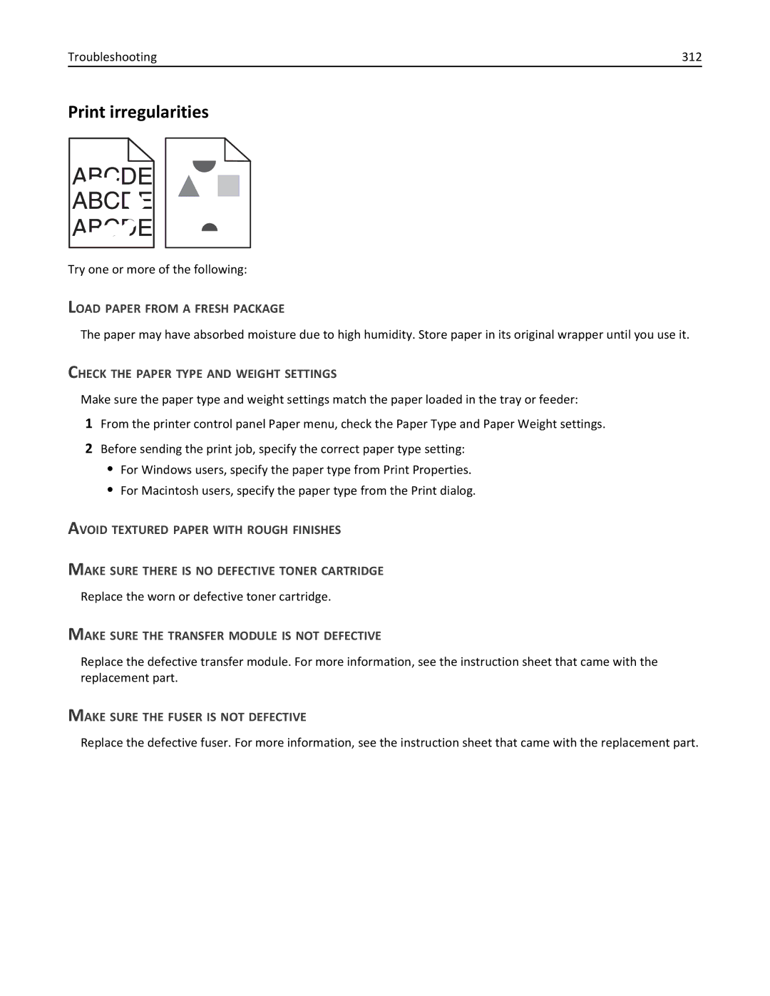 Lexmark 34T5012 manual Print irregularities, Troubleshooting 312, Replace the worn or defective toner cartridge 