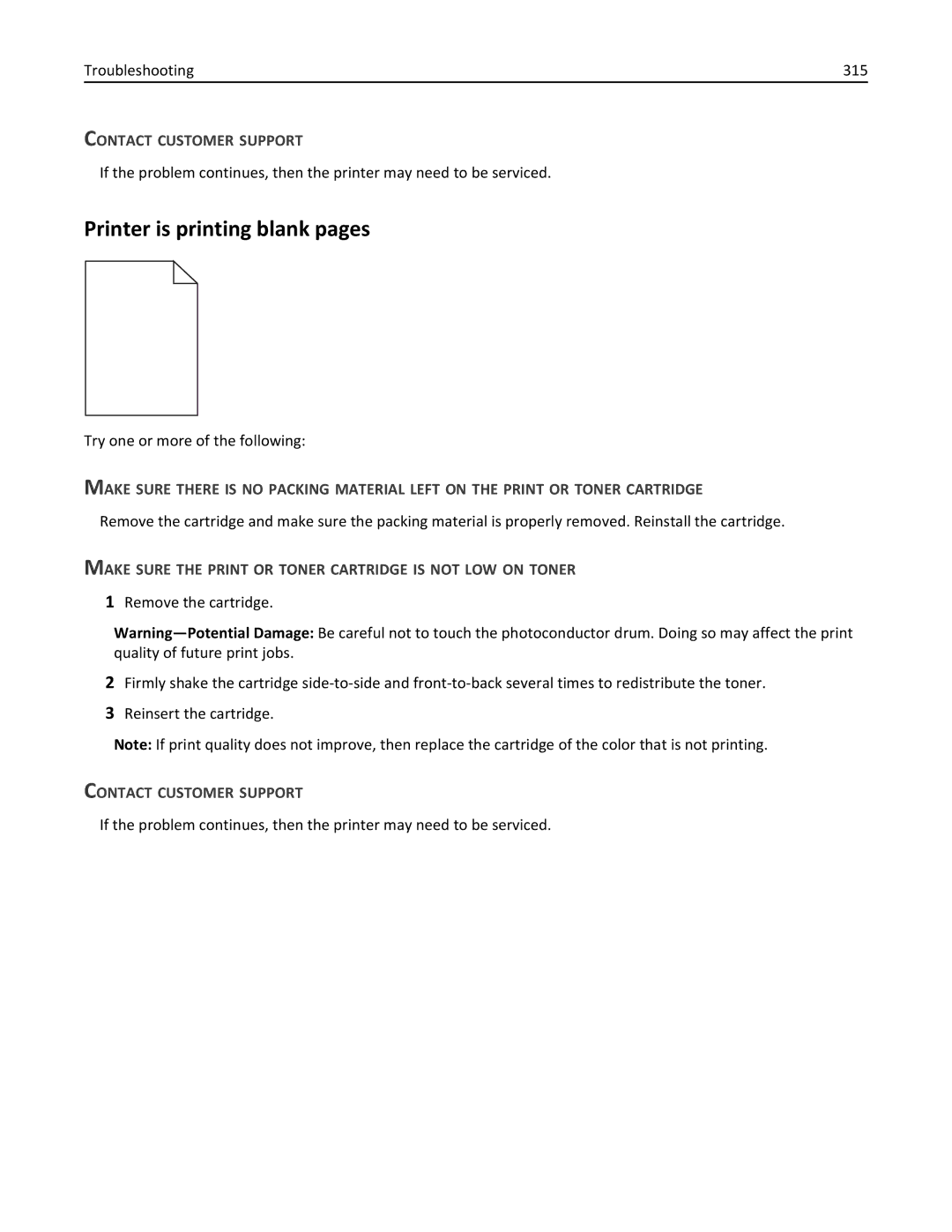 Lexmark 34T5012 manual Printer is printing blank pages, Troubleshooting 315 