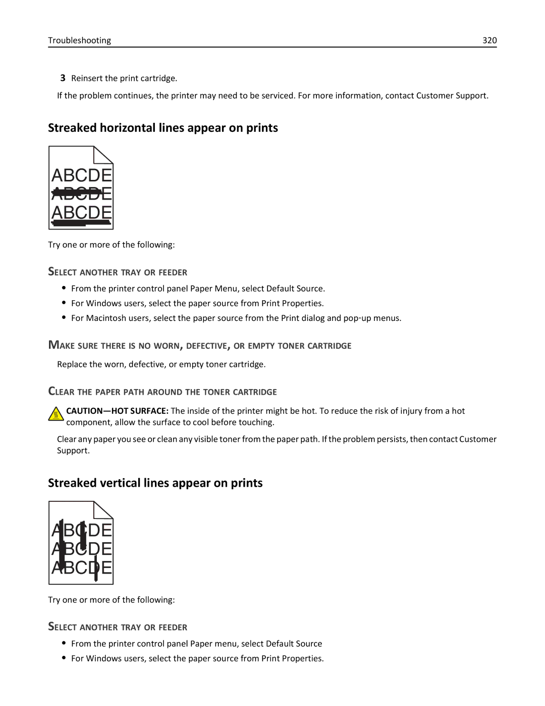 Lexmark 34T5012 manual Streaked horizontal lines appear on prints, Streaked vertical lines appear on prints 