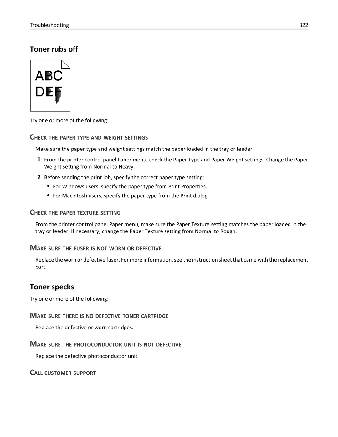 Lexmark 34T5012 manual Toner rubs off, Toner specks, Check the Paper Texture Setting, Call Customer Support 