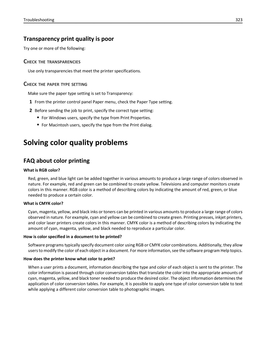 Lexmark 34T5012 manual Solving color quality problems, Transparency print quality is poor, FAQ about color printing 