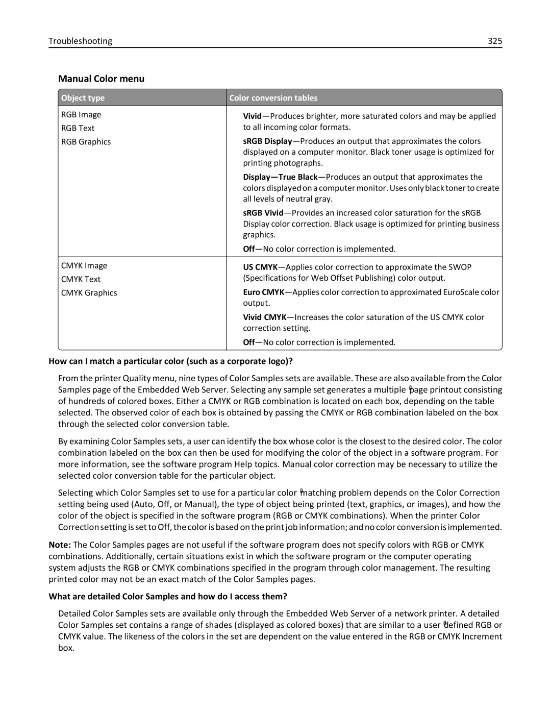 Lexmark 34T5012 manual Manual Color menu, Troubleshooting 325, What are detailed Color Samples and how do I access them? 