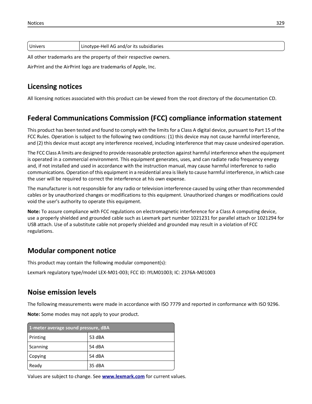 Lexmark 34T5012 manual Licensing notices, Modular component notice, Noise emission levels, 329 