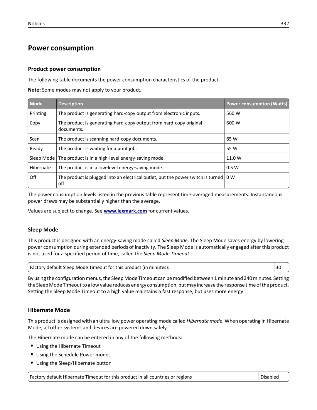 Lexmark 34T5012 manual Power consumption, Product power consumption, Sleep Mode, Hibernate Mode, 332 