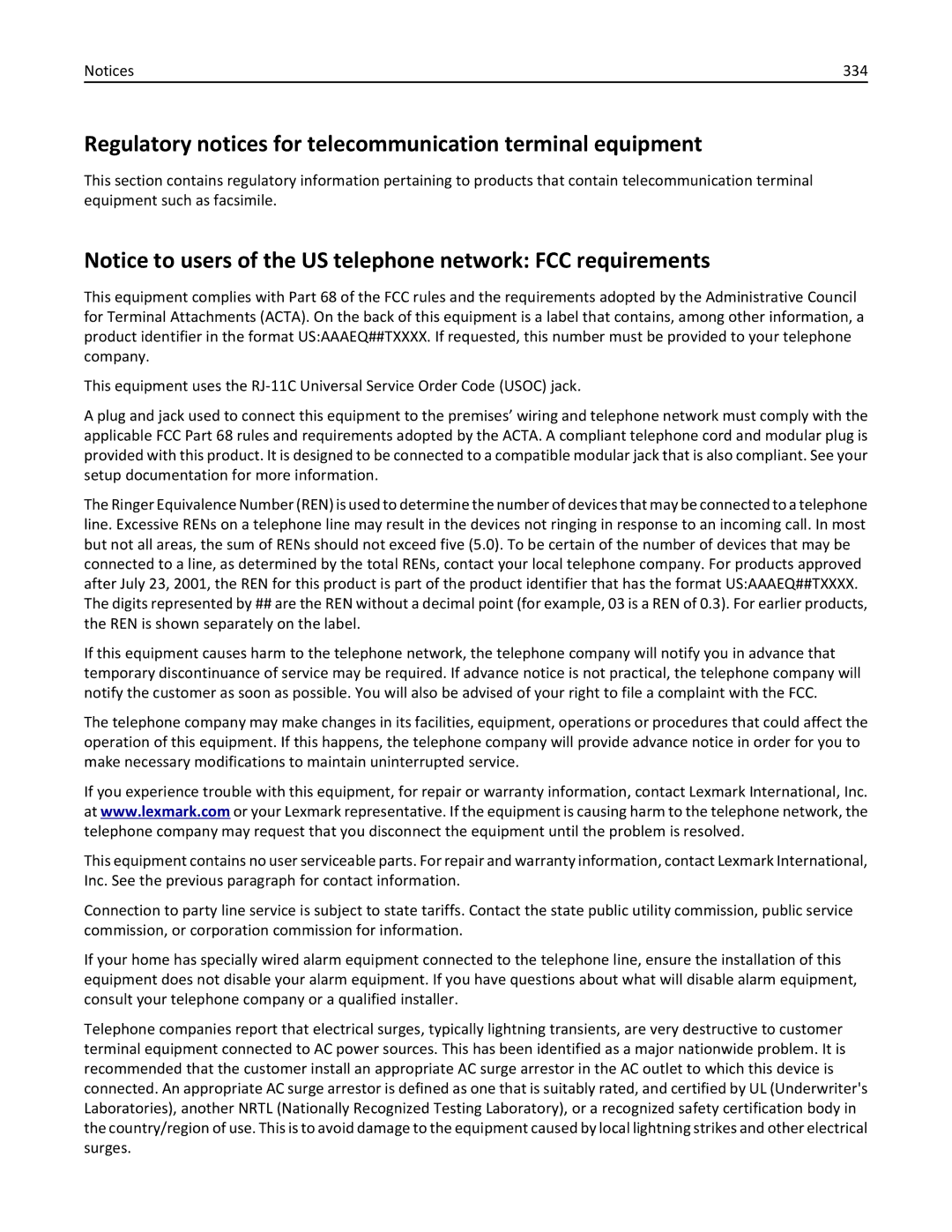 Lexmark 34T5012 manual Regulatory notices for telecommunication terminal equipment, 334 